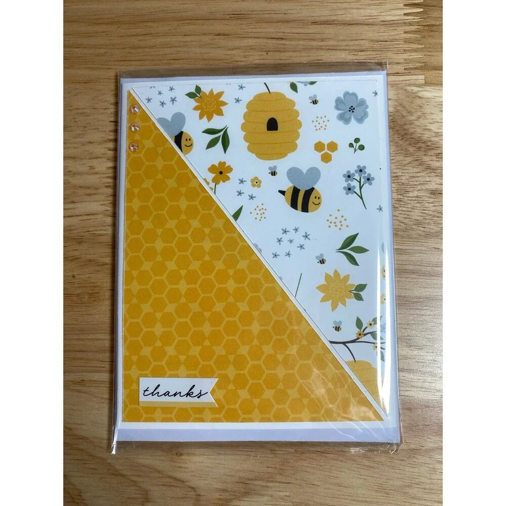 Bee & Flowers Greeting Card Handmade A2 Card – All Occasion Thank You Blank Card